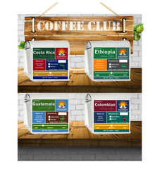 Coffee Club featuring four varieties of single origin specialty fresh roasted coffees.